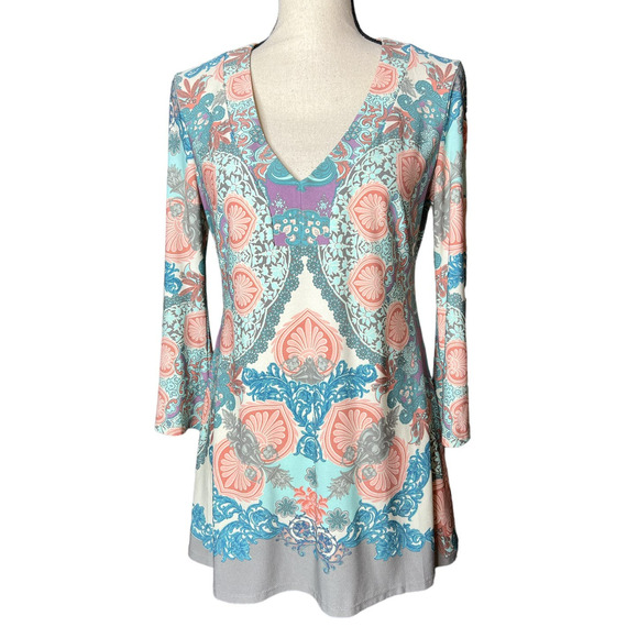 Boston Proper Tunic Size S in Green Blue Peach Print V-neck Long Sleeve - Picture 1 of 6
